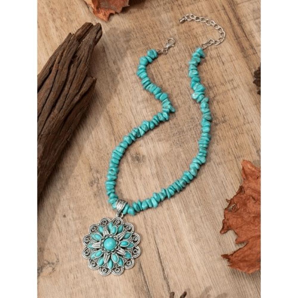 Silver Turquoise Flower Western Pendant Necklace